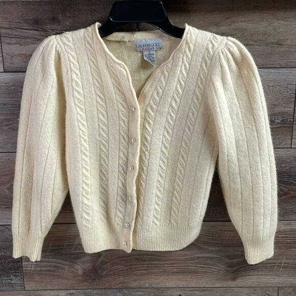 Lauren Cole Lambswool,Angora,Nylon Ladies Sweater Cardigan,Cream,Small Petite - Picture 1 of 7